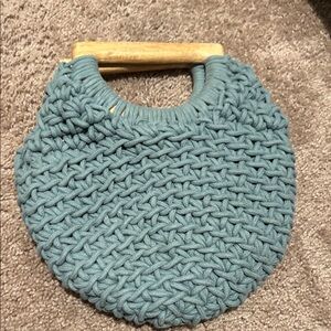 a new day Teal Knit Tote with Wooden Handle